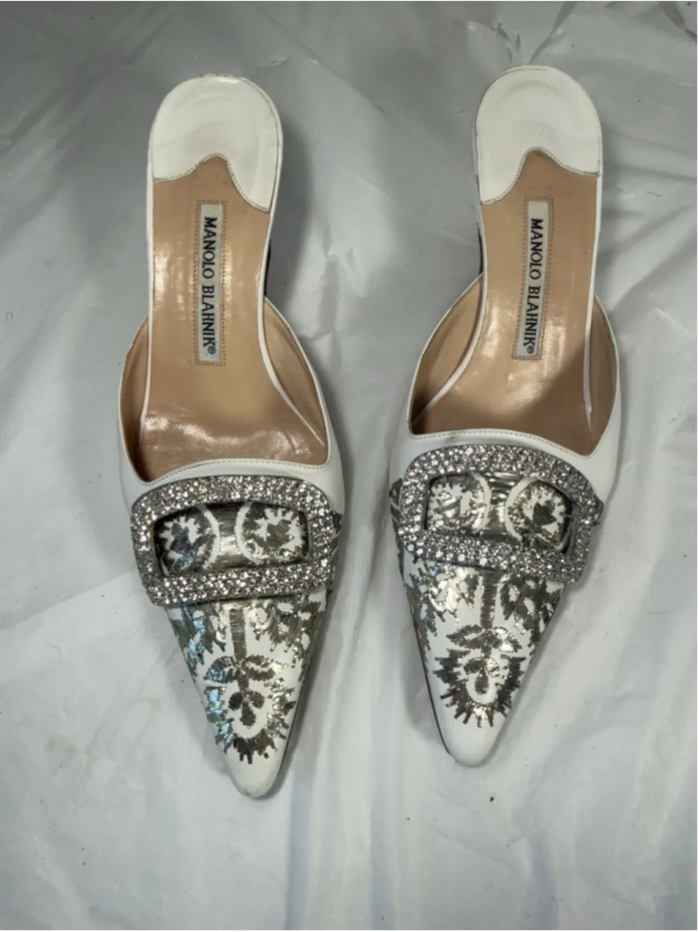 Manolo Blahnik Leather Mules White Graphic Print Crystals - Picture 1 of 14